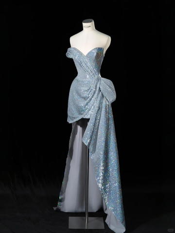 Shiny A Line Strapless Blue Sequin Short Long Sweep Party Dress Evening Dress HZ1023